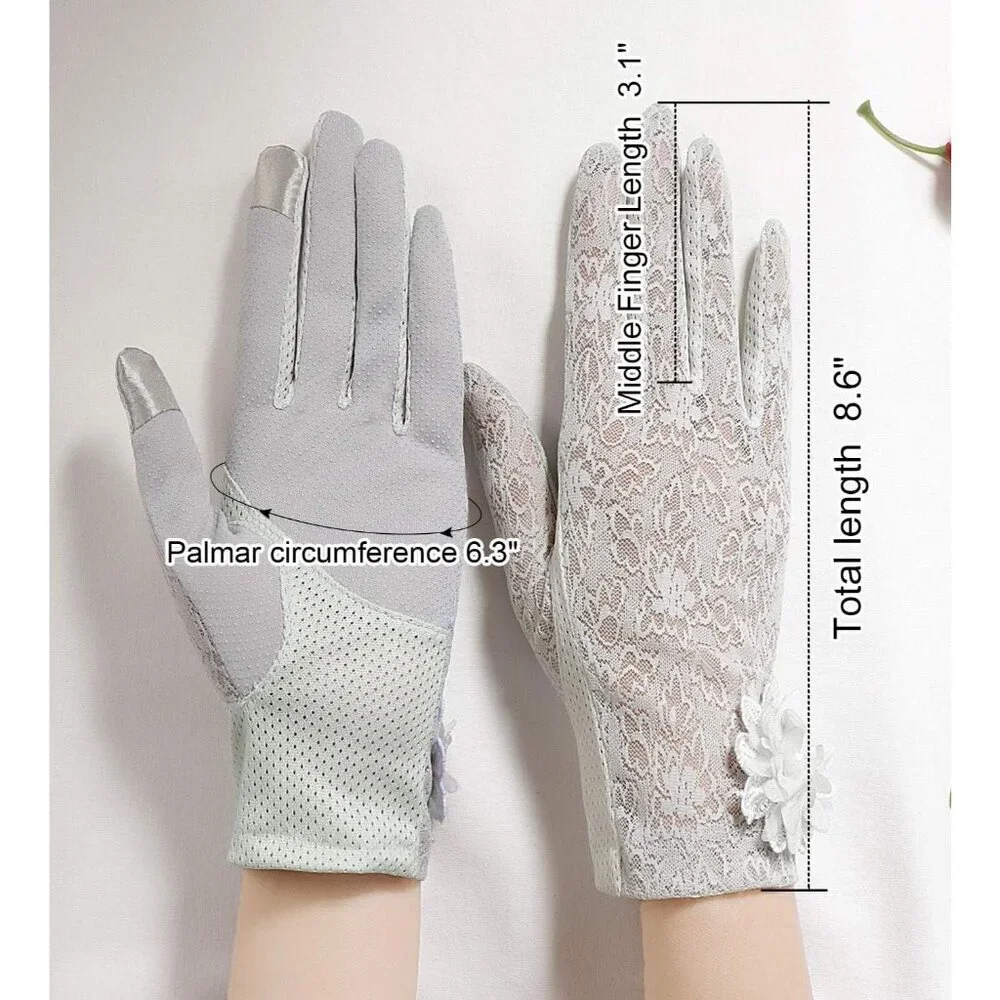 Women's Flower Gray Floral Embroider Lace Gloves Summer Sun Protection